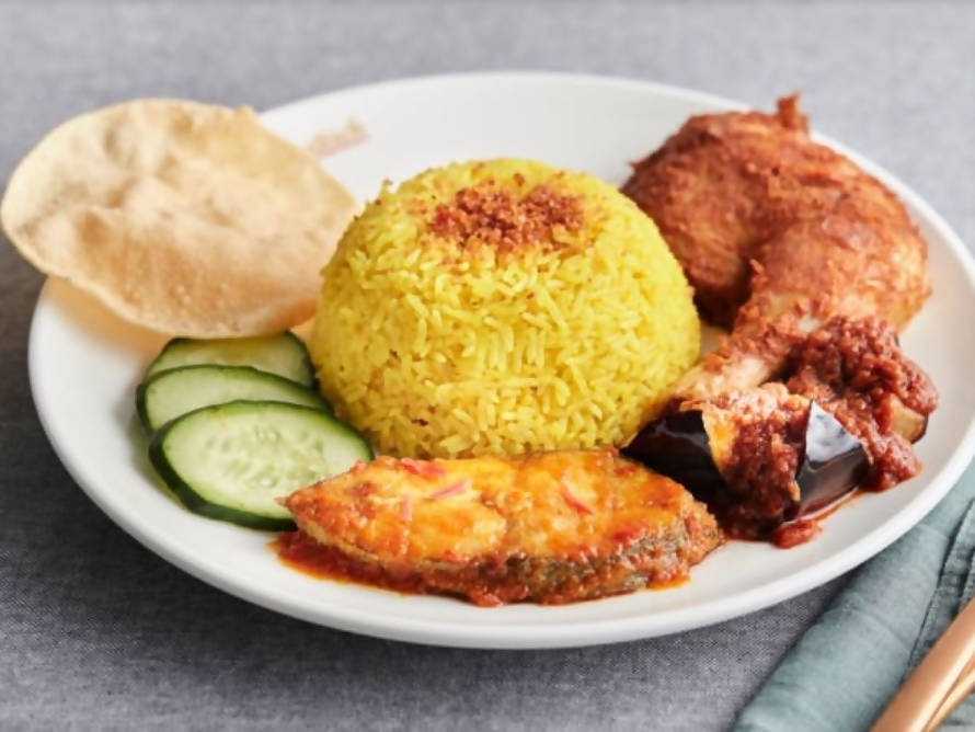 R26 Nasi Kunyit with Fried Chicken, Assam Fish & Sambal Eggplants