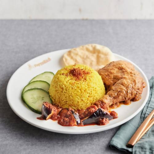 R28 Nasi Kunyit with Masala Fried Chicken & Sambal Eggplants