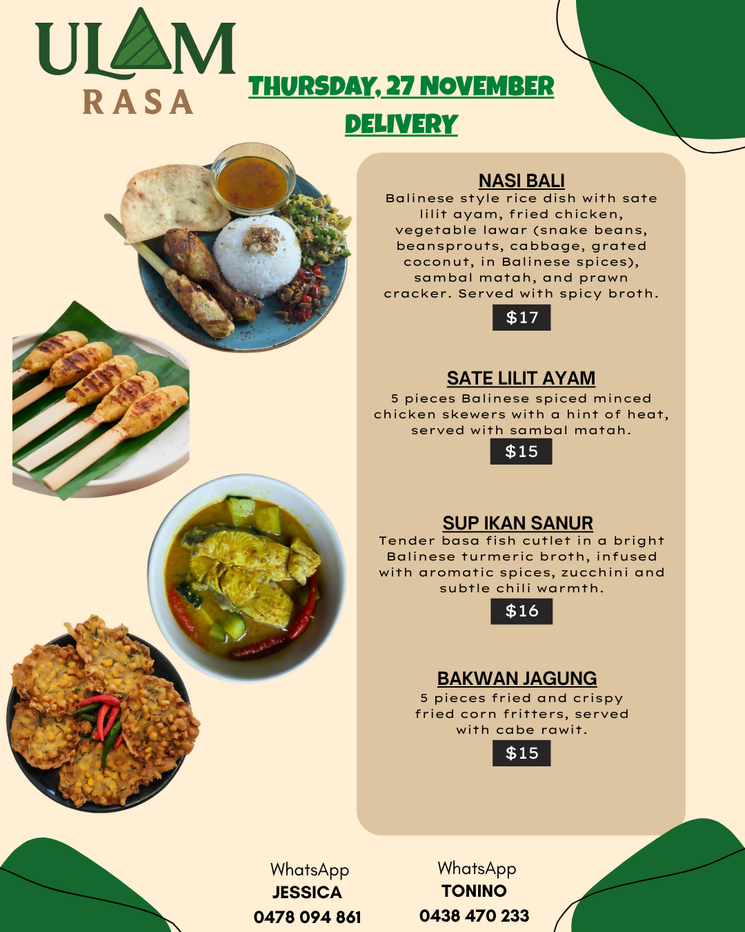 Thursday, 27th November Delivery Menus